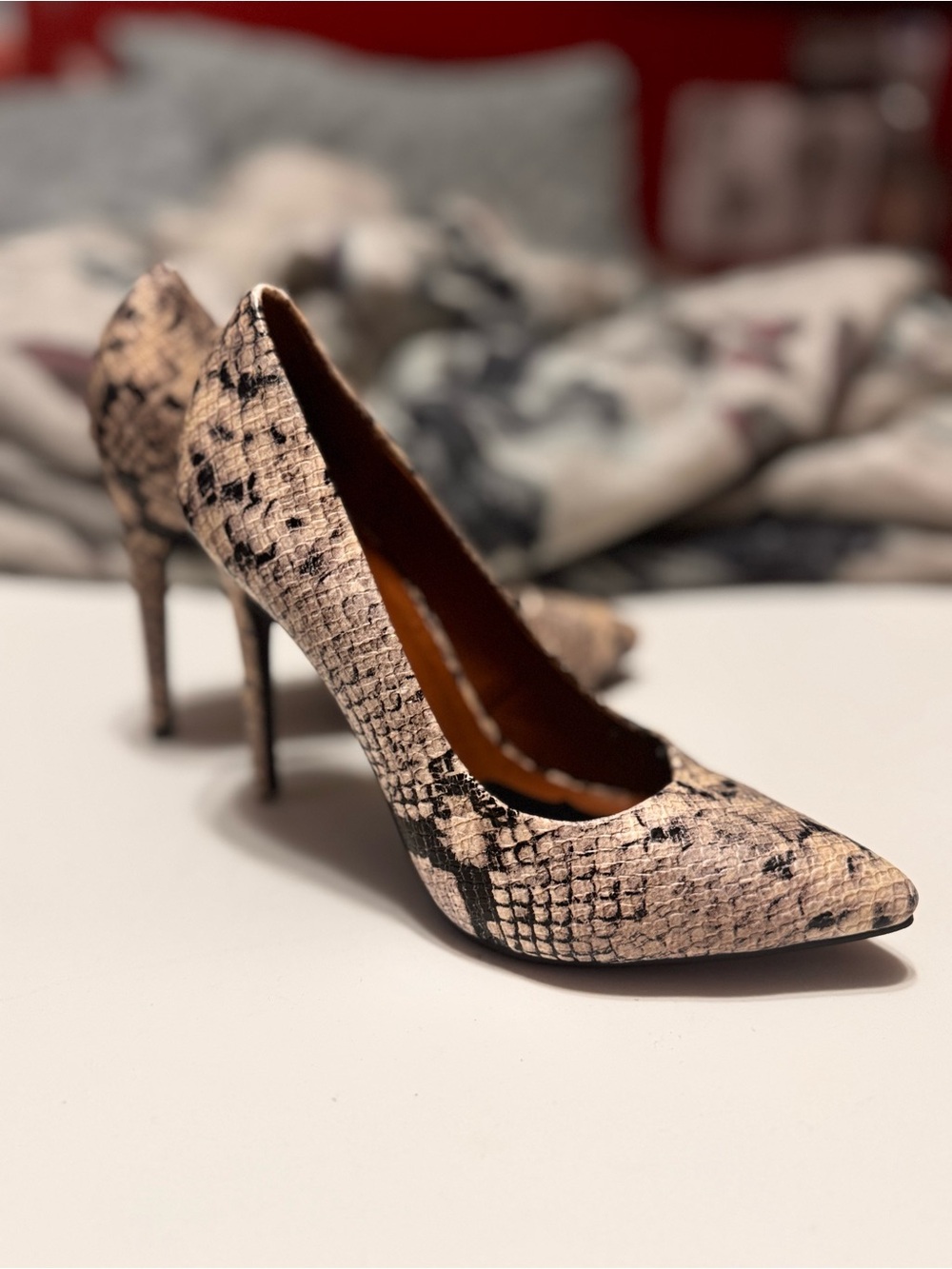 Charlotte Russe Beige and Black Snake-Print Pointed Stiletto Pumps